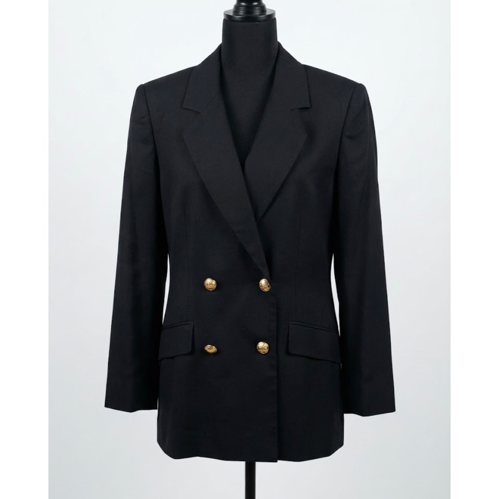 Talbots Vintage Navy Blue Double Breasted Blazer Gold Crest Button Wool Blend 10